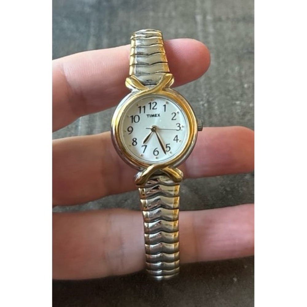 Vintage 2000s Timex Ladies Quartz Watch Two Tone X-Shaped Lugs Silver Dial